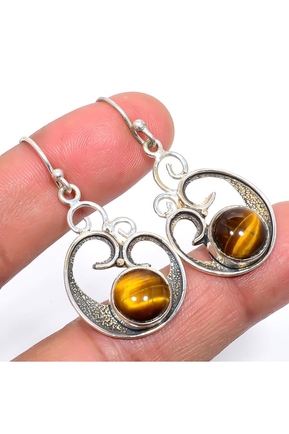 Thai Tiger'S Eye Vintage 925 Sterling Silver Jewelry Earring 1.7" T62, Handmade Jewelry, Dangle Earring