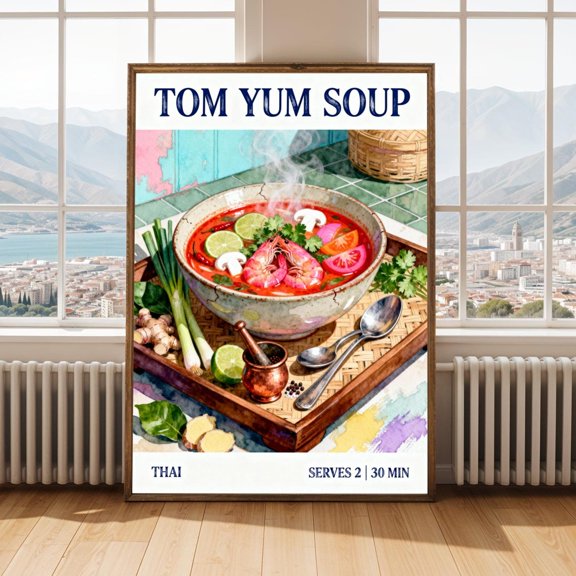 Thai Tom Yum Soup Poster Vintage Kitchen Food Wall Art Print, corner reading, bedroom cozy, library decor, cat artwork, home decor, book lover, Unfreamed Poster 8x10