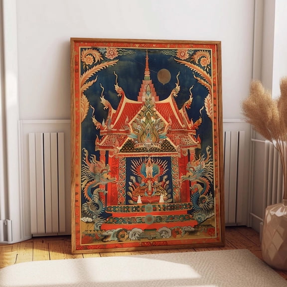 Thai Traditional Temple Art Poster - Ornate Pagoda And Mythical Creatures Illustration - Thai Cultural Wall Art, Modern Wall Decor, 8x12 UNFRAMED