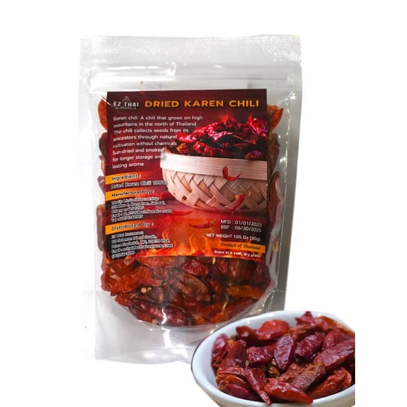 EZ Thai Whole Dried Karen Chili Peppers, Smoked, Traditional Aroma, 1 oz