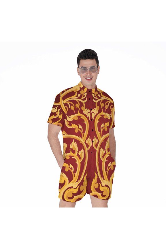 Thai Winding Vines Pattern Short Sleeve Men'S Rompers Casual Summer Jumpsuits Outfit