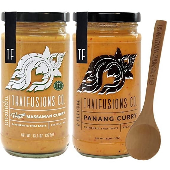 Thaifusions Curry Sauce Gift Set | Panang & Vegan Massaman Sauces with Tasting Spoon Bundle by Gifts from the Pacific Northwest