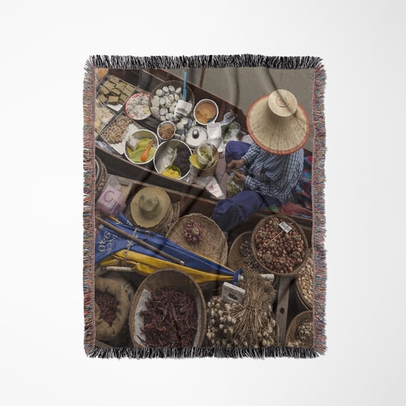 Thailand, Amphawa Floating Market. Woman Prepares Food In Her Canoe., Woven Blanket