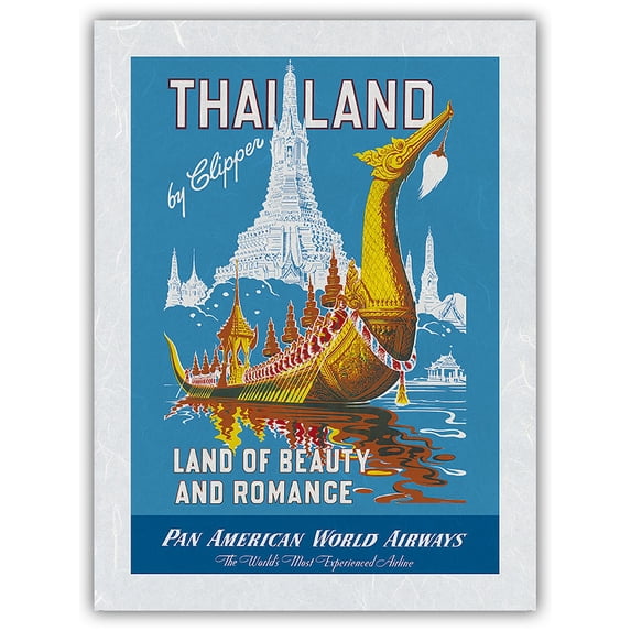 Thailand by Clipper - Pan American World Airways - Land of Beauty and Romance - Royal Barge - Vintage Airline Travel Poster c.1950s - Japanese Unryu Rice Paper Art Print (Unframed) 12 x 16 in
