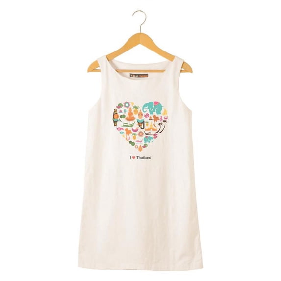 Thailand Icons Heart Print Vintage 100% Cotton Linen Mini Shift Dress WDS_01 14