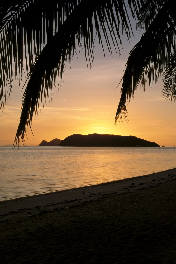 Thailand Koh Phangan Thong Sala Over Tae Nai At Sunset Ocean Beach Palm Frond A75F Canvas Art - Robert Sablan Design Pics (12 x 19)