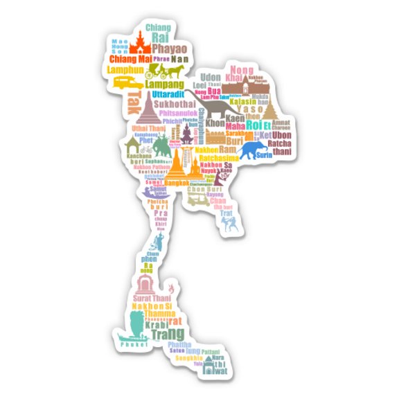 Thailand Map with Citites Travel - 5" Vinyl Sticker - For Car Laptop I-Pad - Waterproof Decal