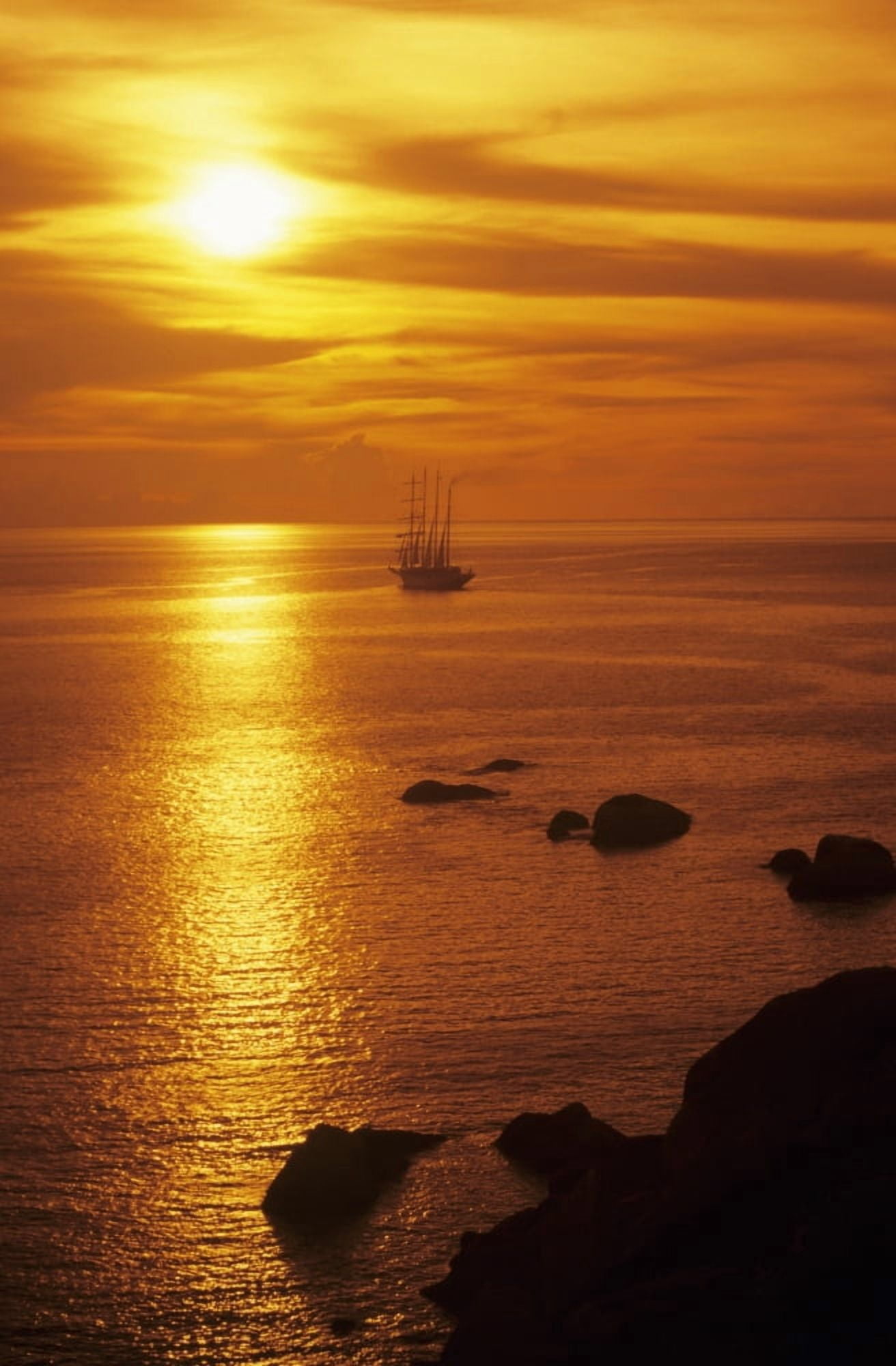 Thailand Orange Sunset Over Four-Mastered Cruiseship On Ocean Similan Islands Canvas Art - Dave Fleetham Design Pics (22 x 34)