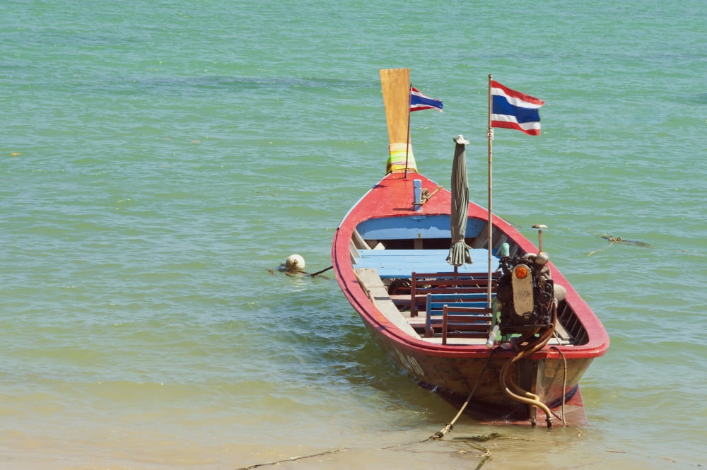 Thailand Phuket Rawaii Beach Close up of longtail boats along the in water Canvas Art - Bill Brennan Design Pics (38 x 24)