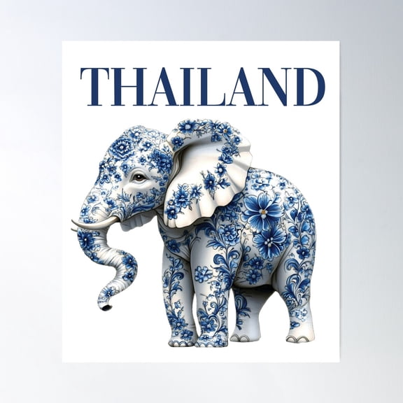 Thailand Porcelain Elephant – Elegant Blue Art Poster Wall Art, Modern Wall Decor For Living Room Bedroom, 8x12 UNFRAMED