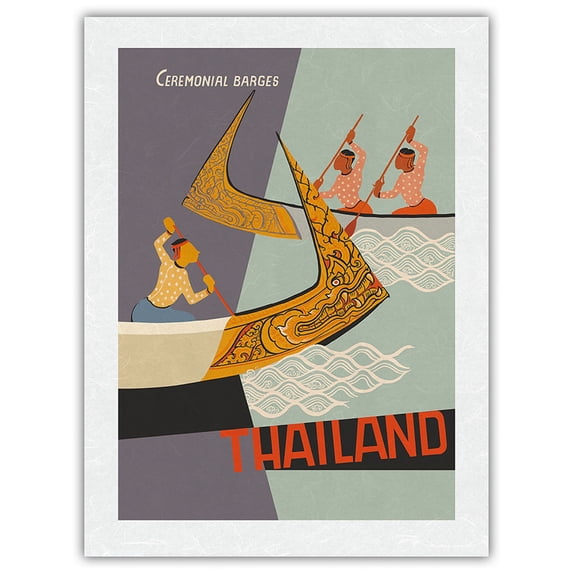 Thailand - Royal Ceremonial Barges - Vintage Travel Poster c.1960s - Japanese Unryu Rice Paper Art Print (Unframed) 18 x 24 in