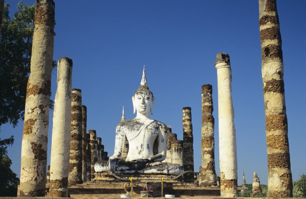 Thailand Sukhotha View of Buddha Statue And Pillars Wat Mahathat Canvas Art - Richard Maschmeyer Design Pics (18 x 11)