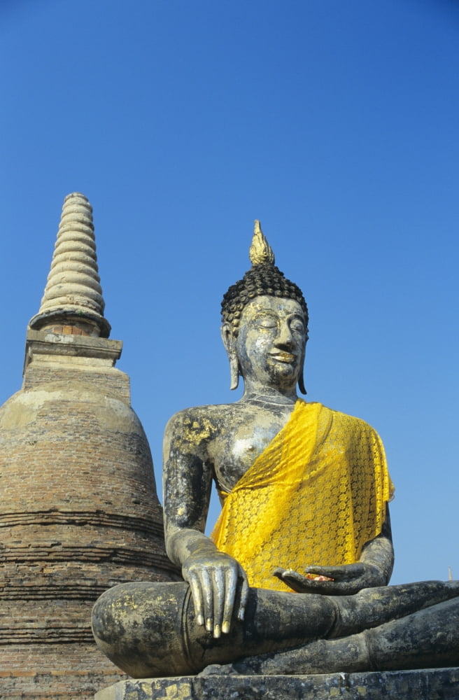 Thailand Sukhothai View of Buddha Statue And Temple Wat Mahathat Canvas Art - Richard Maschmeyer Design Pics (22 x 36)