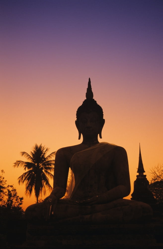 Thailand Sukhothai Wat Mahathat At Sunset Silhouetted Buddha Statue Purple And Orange Sky Canvas Art - Richard Maschmeyer Design Pics (22 x 36)