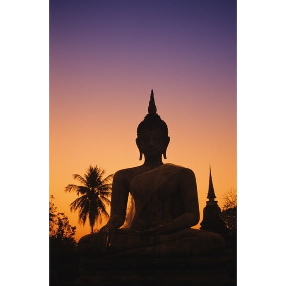 Thailand Sukhothai Wat Mahathat At Sunset Silhouetted Buddha Statue Purple And Orange Sky. Poster Print