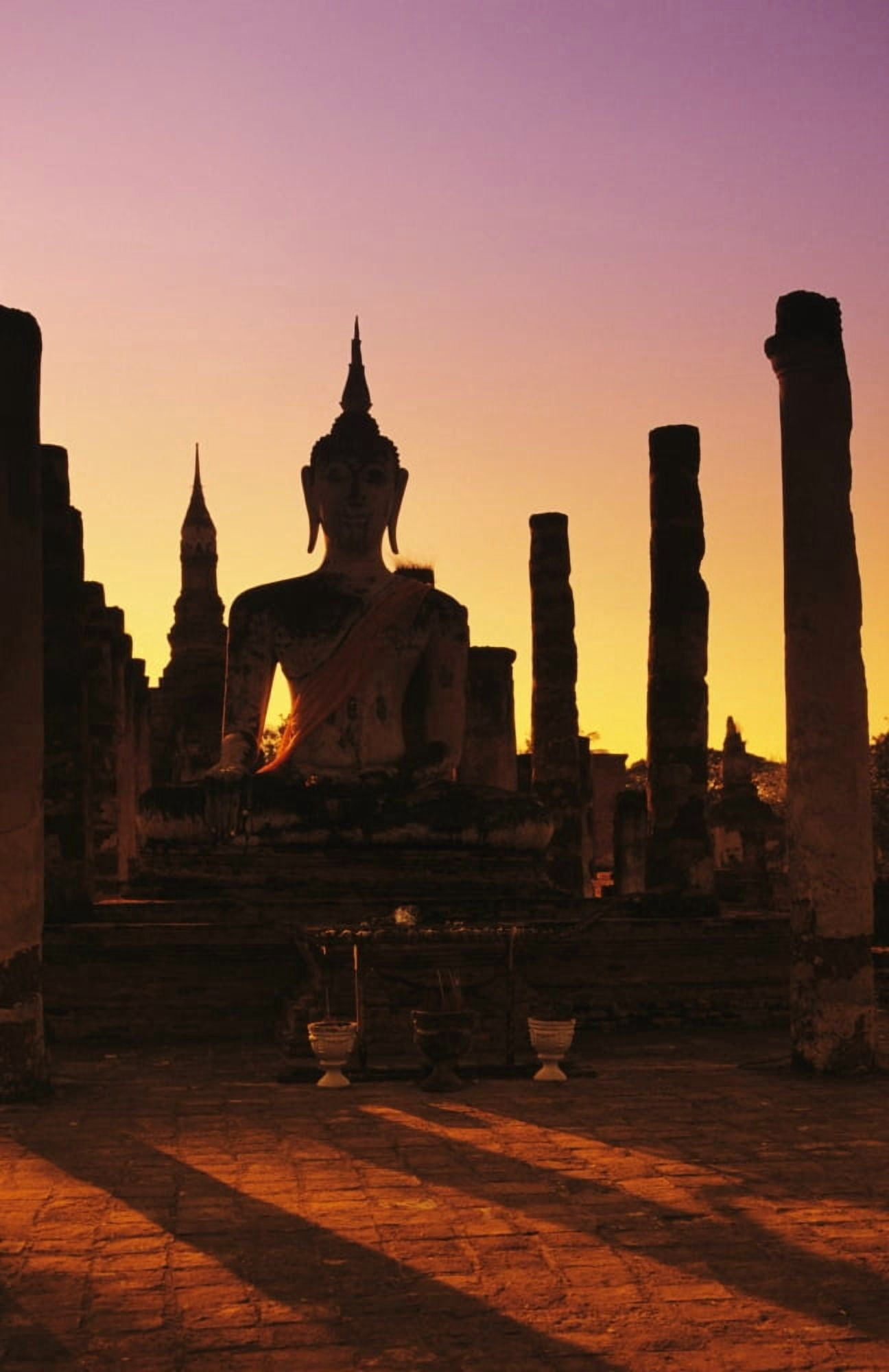 Thailand Sukhothai Wat Mahathat Buddha And Pillars Backlit At Sunset Canvas Art - Richard Maschmeyer Design Pics (11 x 18)