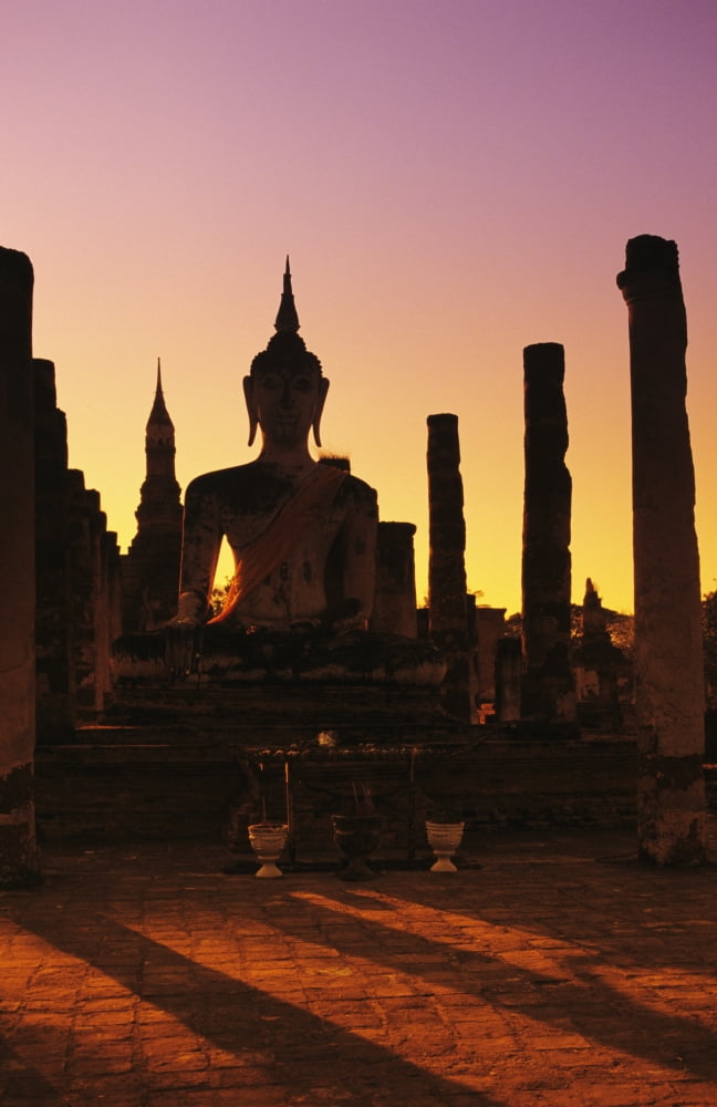 Thailand Sukhothai Wat Mahathat Buddha And Pillars Backlit At Sunset Canvas Art - Richard Maschmeyer Design Pics (22 x 36)