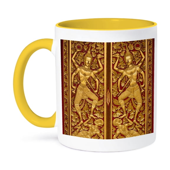 3dRose, Thailand, Wat Phra That Doi Suthep. Decorative temple door, 15oz Two-Tone Yellow Mug