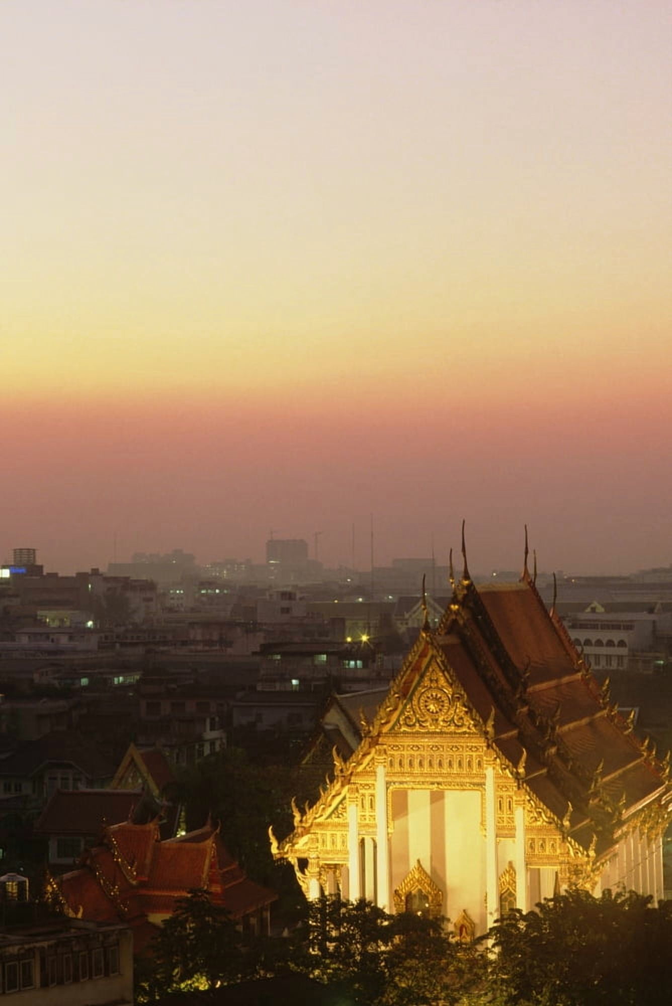 Thailand Wat Saket Temple at sunset with evening lights Bangkok Canvas Art - Robert Sablan Design Pics (12 x 19)
