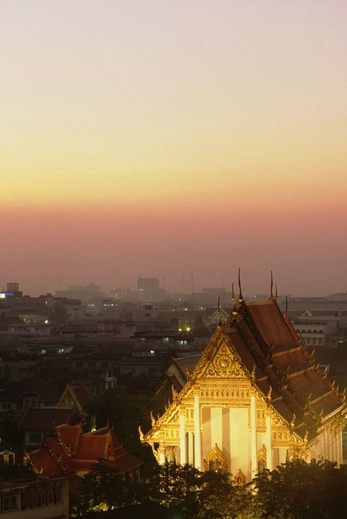 Thailand Wat Saket Temple at sunset with evening lights Bangkok Canvas Art - Robert Sablan Design Pics (24 x 38)