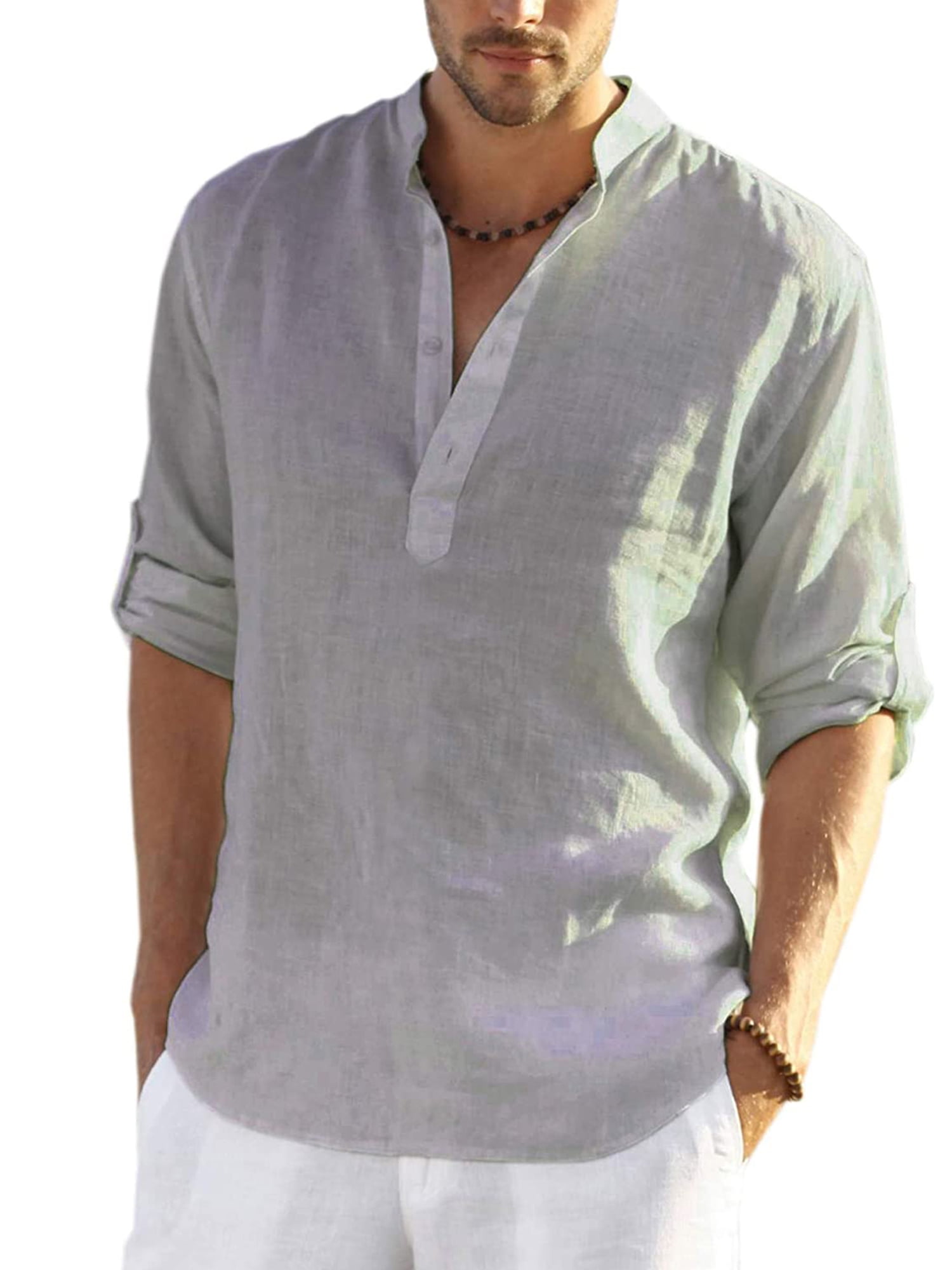 Thaisu Cotton Linen Henley Shirt for Men Loose Fit Tops Long Sleeve ...
