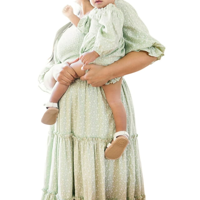Thaisu Mommy and Me Dresses Matching Outfits Lantern Sleeves Floral A-Line Dress