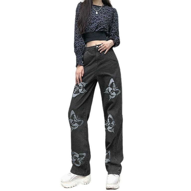 Loose Butterfly Printed Jeans for Women Casual Straight Pants High