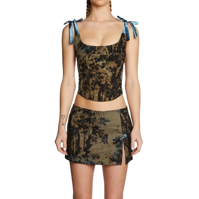 Thaisu Women 2 Piece Summer Outfits,Vintage Tree Print Corset Tank Tops