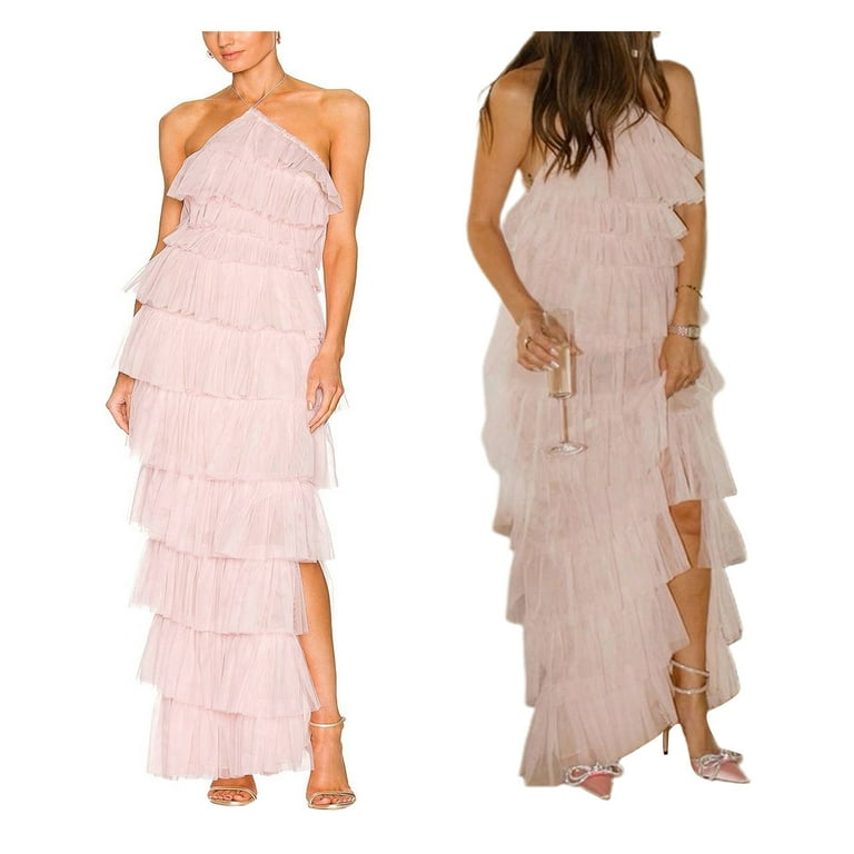 Thaisu Women Mesh Sleeveless Dress Summer Backless Halter Neck Solid Color Layered Ruffle Cocktail Party Dress for Wedding Walmart