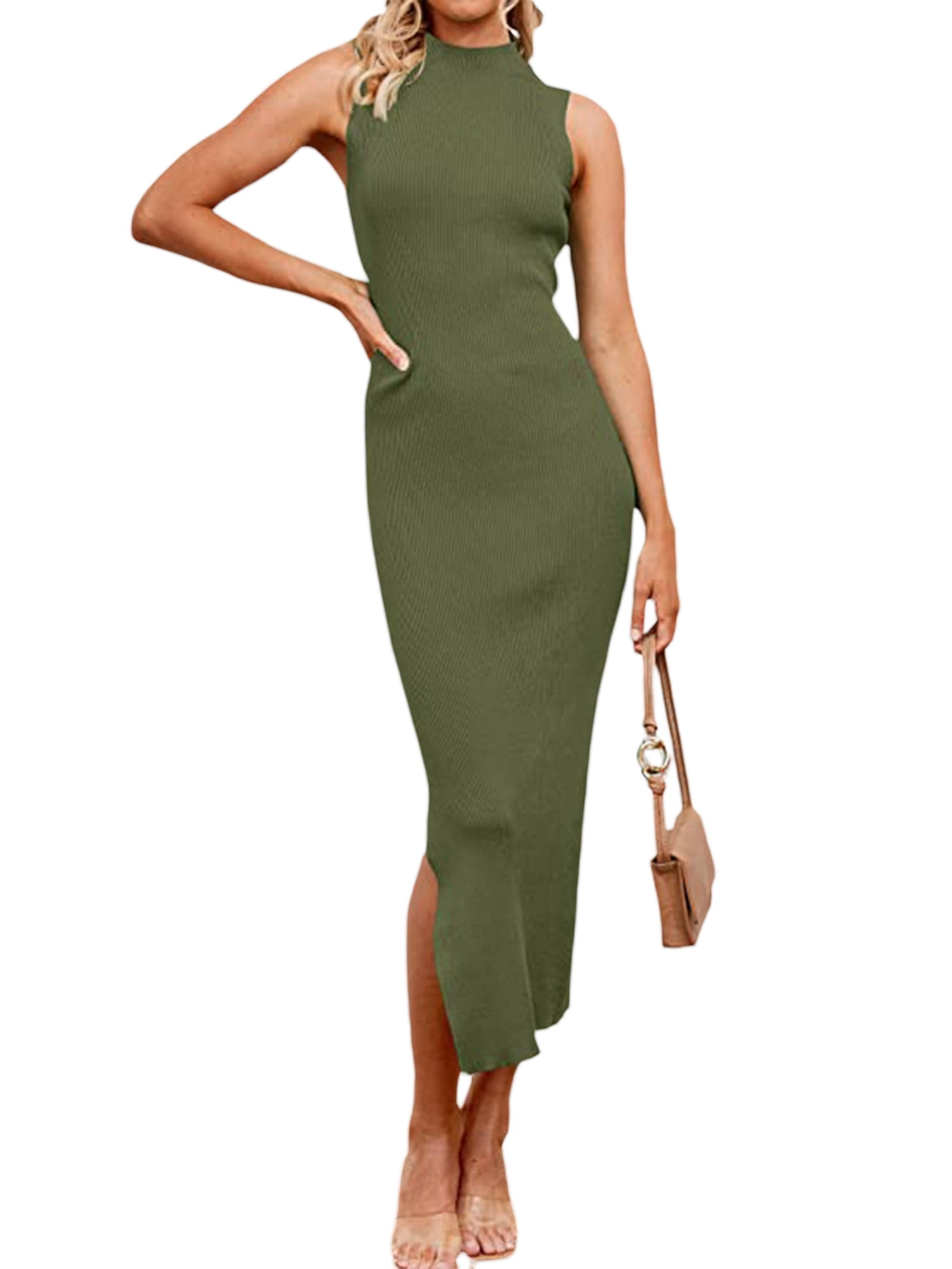 Thaisu Women Summer Long Bodycon Dress,Solid Color Rib Knit Tight Mock Neck Sleeveless Side Slit