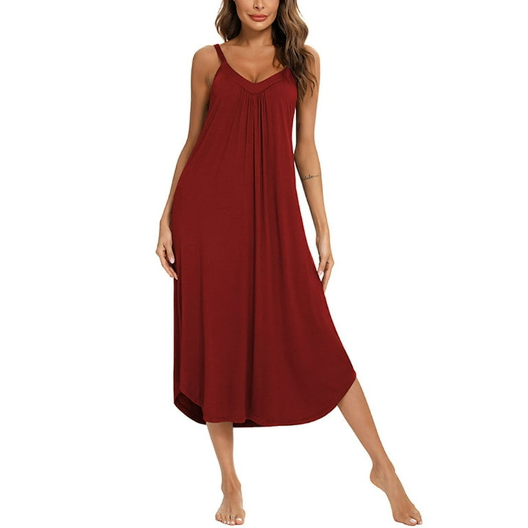 Thaisu Women Summer Nightgowns Solid Color V Neck Ruched Sleeveless Sleepwear Walmart