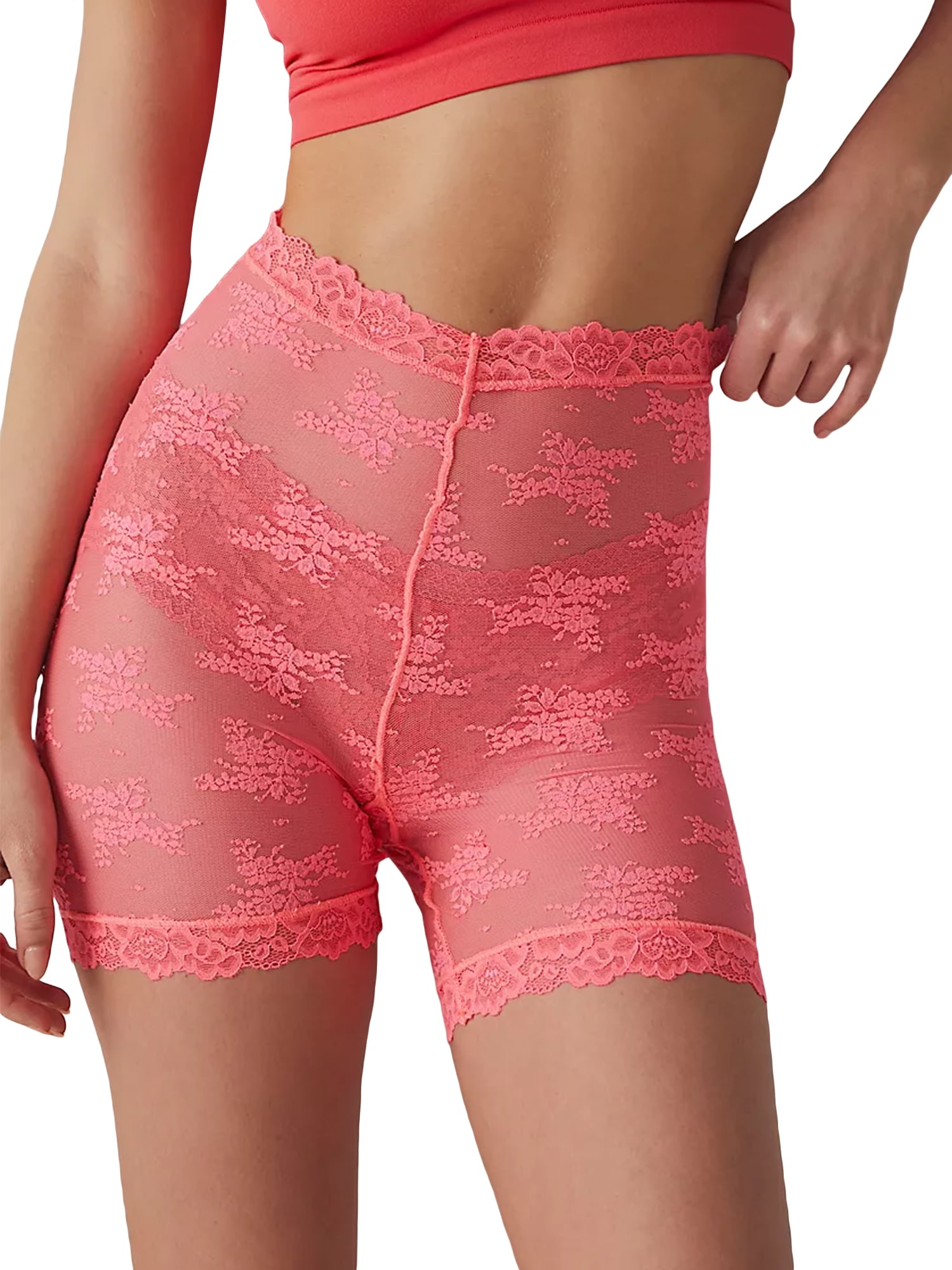 Thaisu Women s Summer Floral Lace Shorts See through High Waist Solid Color Shorts for Beach Party