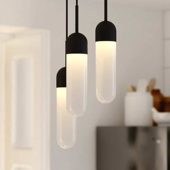 Thalia 3L Matte Black Contemporary Pendant Light White Pill Glass