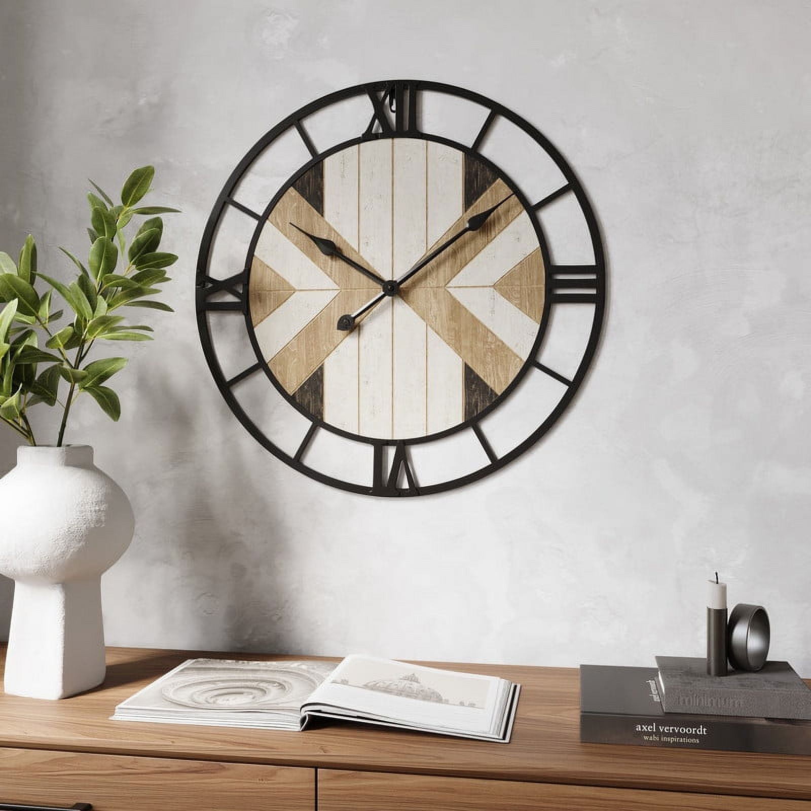 Thalia Black Metal and Wood Round Wall Clock