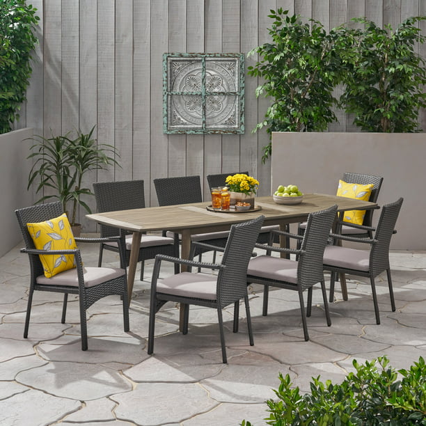 Thalia Outdoor Wood and Wicker Expandable 8 Seater Dining Set, Gray ...
