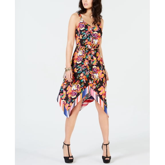 Thalia Sodi Belted Handkerchief Hem Dress Scarf Floral / Black XS