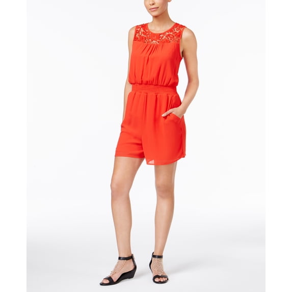 Thalia Sodi Crochet Trim Illusion Romper Risky Red M
