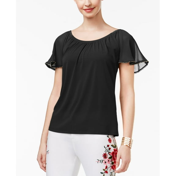 Thalia Sodi Flutter Sleeve Top Deep Black S