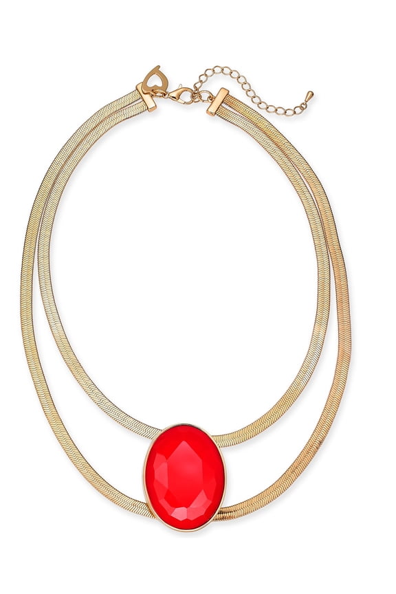 Gold-Tone Red Stone Double Strand Statement Necklace 16"  $45