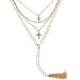 thumbnail image 1 of Thalia Sodi Gold-Tone Pavé Cross, Imitation Pearl & Chain Tassel Layered Lariat Necklace, 16″ + 3″ extender, White, 1 of 2