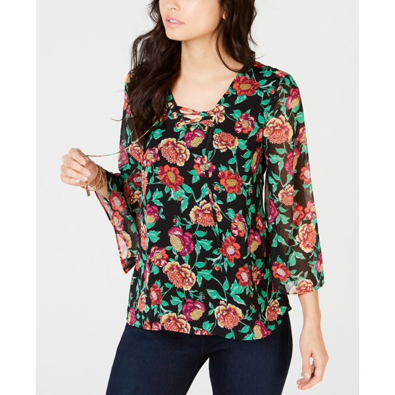 Thalia Sodi Lace Up Printed Top Tropical Floral XL