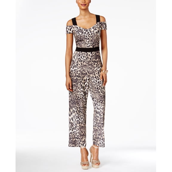 Thalia Sodi Off The Shoulder Printed Jumpsuit Taupe Combo 2
