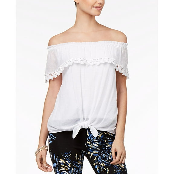 Thalia Sodi Off The Shoulder Tie Hem Gauze Top Bright White L