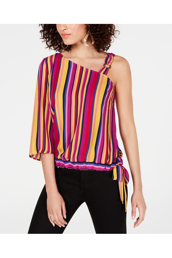 One Shoulder Tie Hem Top Narrow Multi Stripe XL
