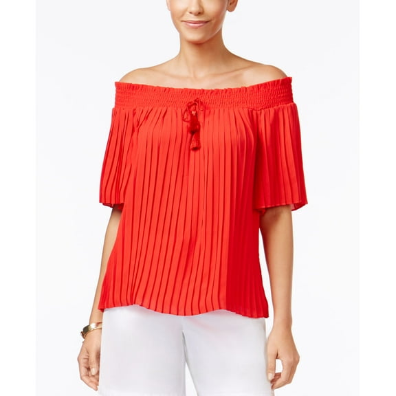 Thalia Sodi Pleated Off-The-Shoulder Top (Bright Red, XS)