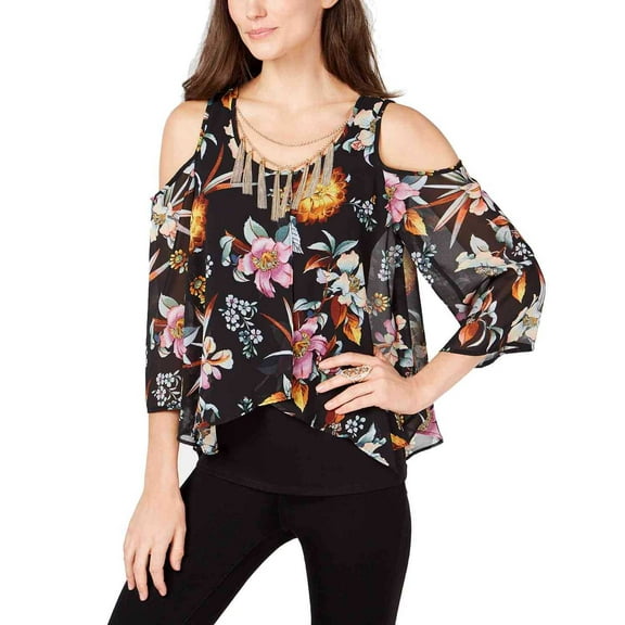 Thalia Sodi Printed Cold-Shoulder Necklace Top,multi combo, small