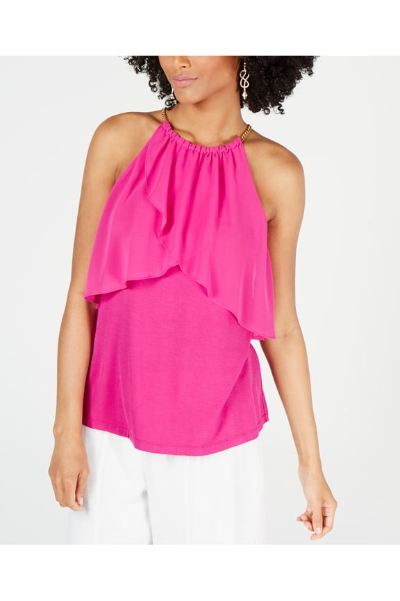 Ruffled Chain Neck Top Magenta L