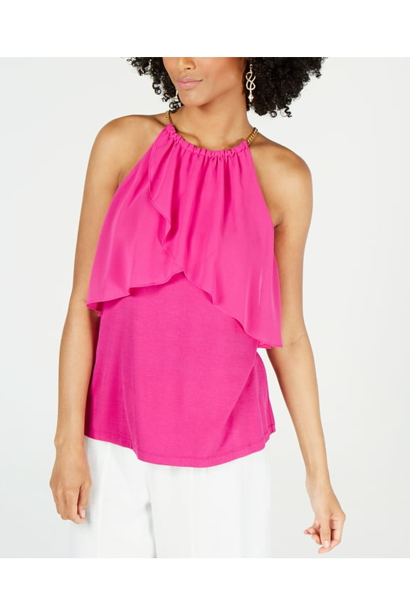 Ruffled Chain-Neck Top (Magenta, S)