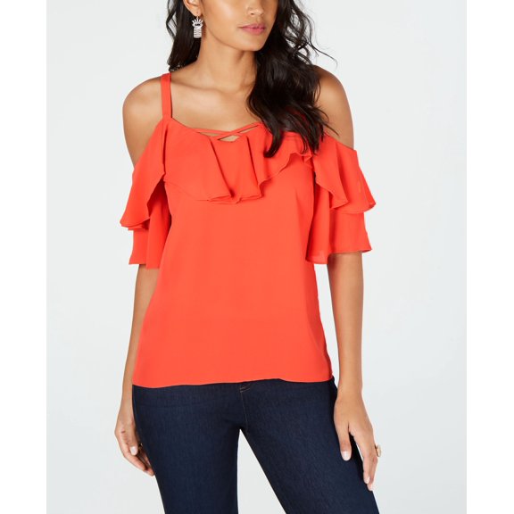 Thalia Sodi Ruffled Cold Shoulder Top Rich Coral S