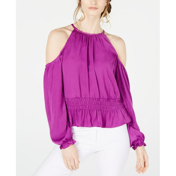 Thalia Sodi Smocked Cold Shoulder Top Wild Plum XS